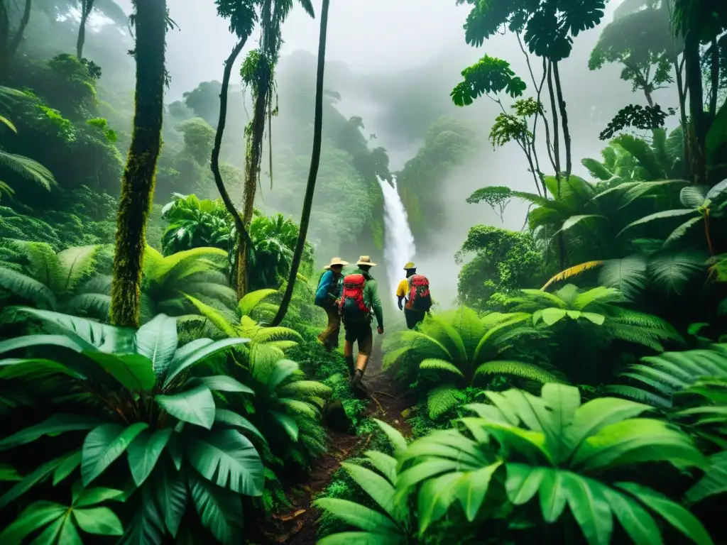 Exploradores desafían la selva misteriosa Exploradores en entrenamiento físico para viajes a islas remotas, adentrándose en la selva densa y misteriosa, desafiando la naturaleza exuberante