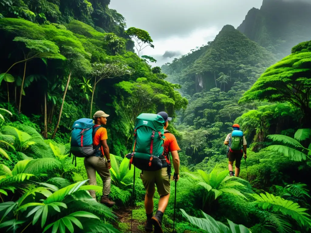 Exploradores en la jungla: moda funcional para expediciones Exploradores equipados con las mejores prendas para expediciones en islas remotas, explorando la densa jungla de manera desafiante y cautivadora
