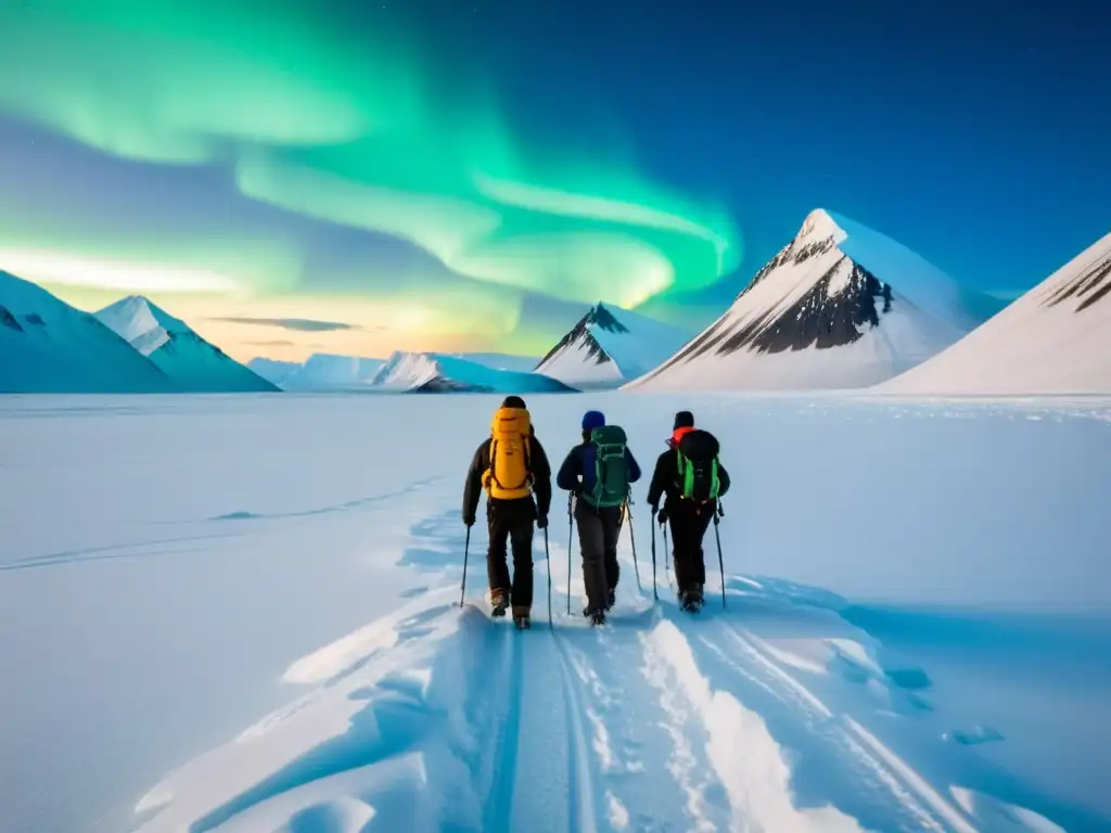 Expedición invernal en Svalbard: exploradores entre montañas y auroras Exploradores equipados para expedición en Svalbard, con auroras boreales y montañas nevadas al fondo