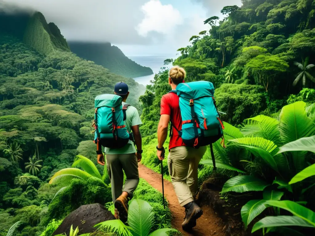 Exploradores en la selva tropical Exploradores con equipo de expedición en una exuberante isla remota