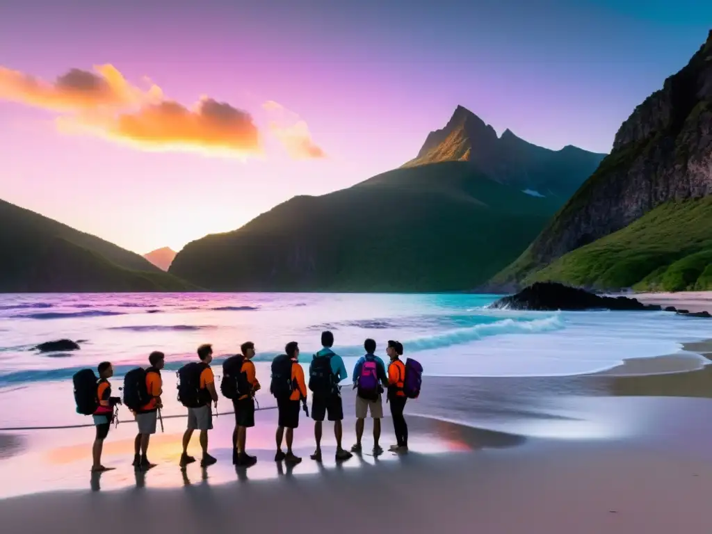 Exploradores en isla remota al atardecer Exploradores en isla remota al atardecer, llevan las mejores prendas expediciones islas remotas