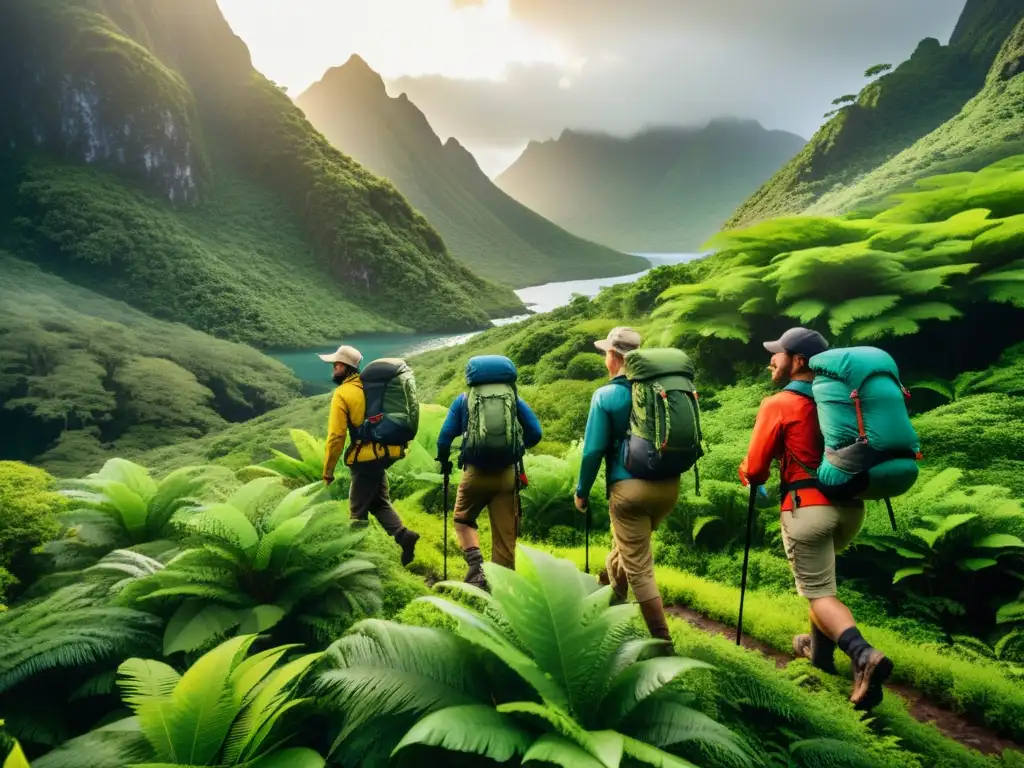 Expedición en isla remota: exploradores con ropa resistente al clima Exploradores en prendas resistentes, cruzando paisaje remoto de isla