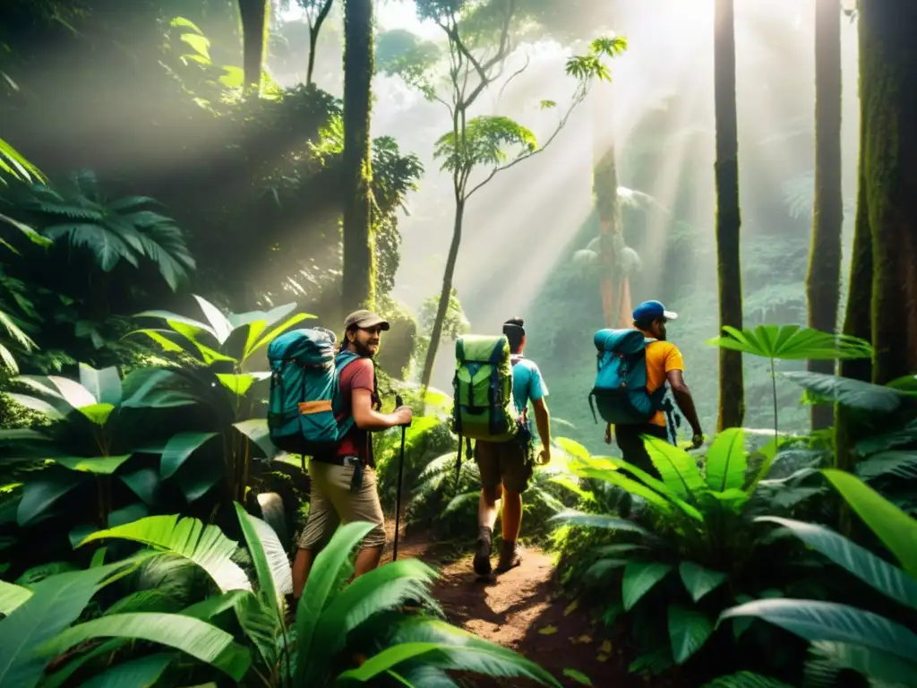 Exploradores en la selva: la emoción de la aventura Exploradores en una selva exuberante, equipados con mochilas y botas, se preparan para viaje a islas remotas