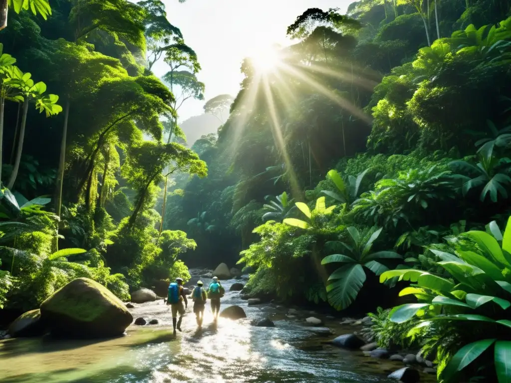 Exploradores en la selva: Hydration en la naturaleza Exploradores en una selva tropical, filtrando agua para destinos remotos