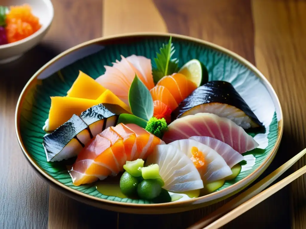 Exquisita variedad de sabores japoneses en alta resolución Exquisitas rarezas gastronómicas japonesas con ingredientes insulares destacados en una presentación artística y vibrante