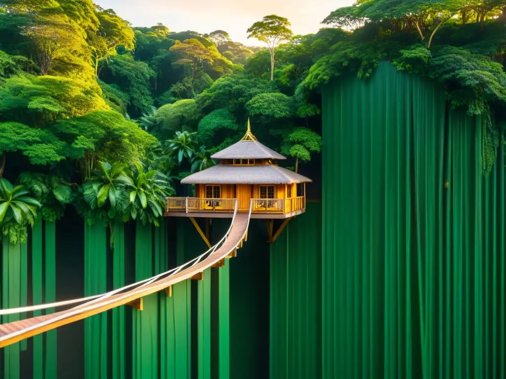 Refugios en la Selva: Experiencia de Aventura y Tranquilidad Exuberante bosque tropical con casas del árbol islas, bañadas por cálida luz dorada