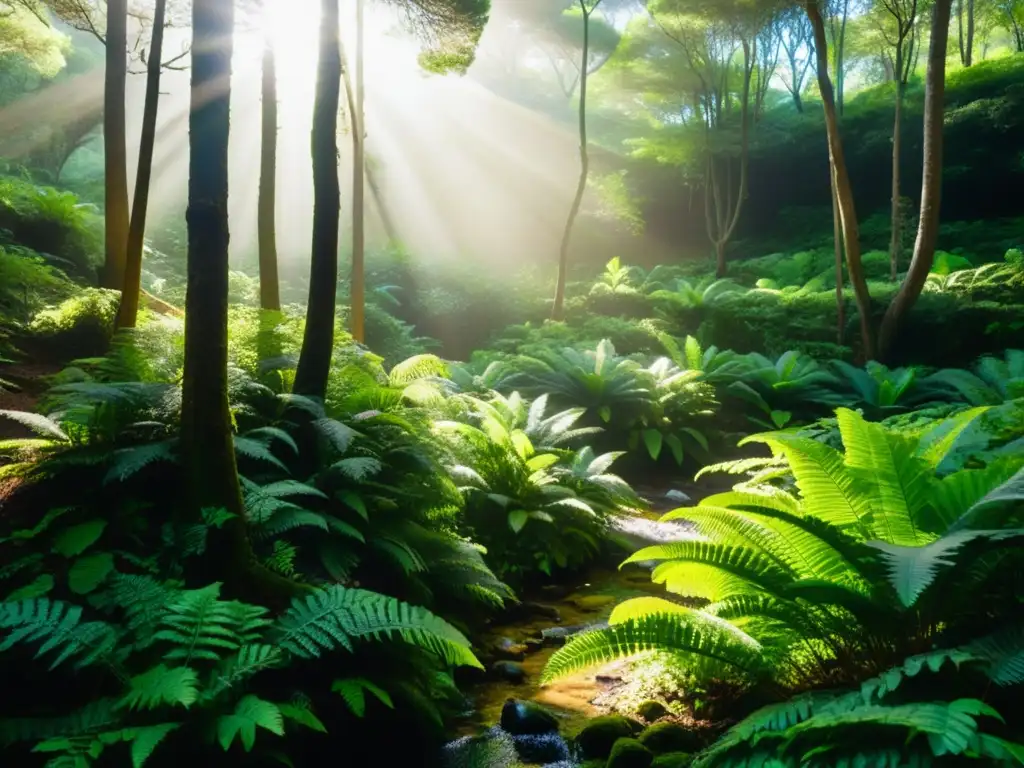 Exuberante bosque en Menorca: biodiversidad y belleza natural Biodiversidad en Menorca Mediterráneo: Bosque exuberante con luz solar filtrándose entre el dosel, creando un mosaico de luz y sombra