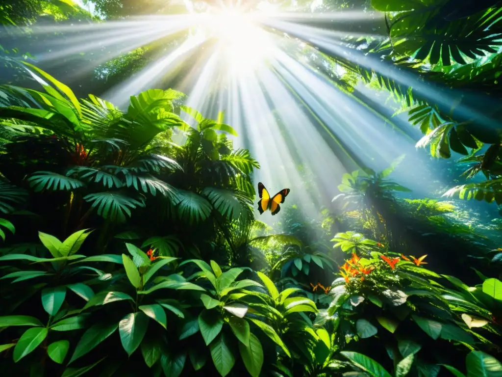 Exuberante selva tropical: vida y color en detalle Un exuberante paisaje de selva tropical con vida silvestre, rayos de sol filtrándose y un ecosistema biodiverso