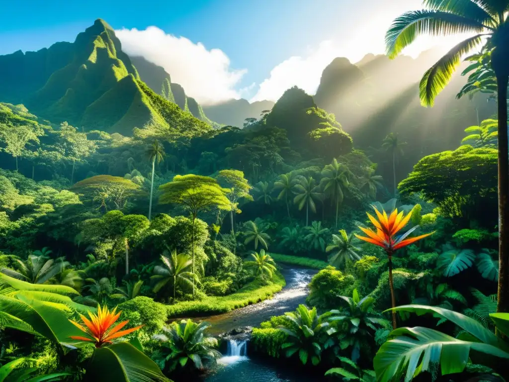 Una exuberante selva polinesia con palmeras, flores tropicales y especies de aves únicas