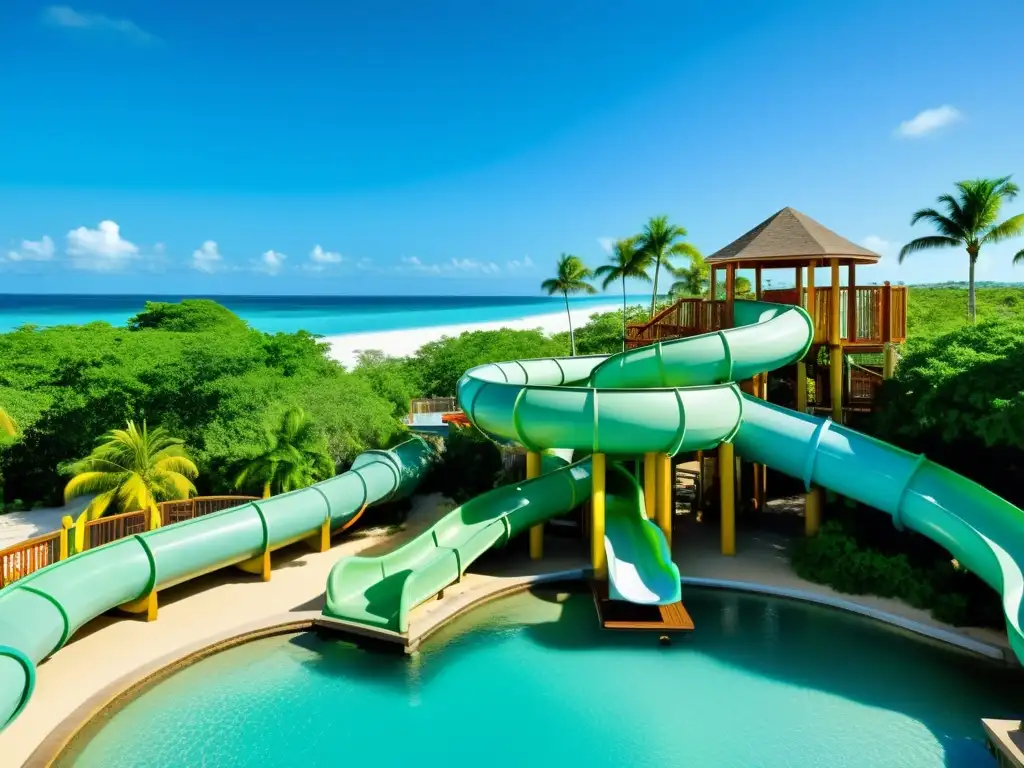 Paraíso tropical con playa, parque acuático y resort de lujo Familias disfrutan de entretenimiento familiar en islas remotas con parque acuático, playa de arena blanca y aguas turquesas