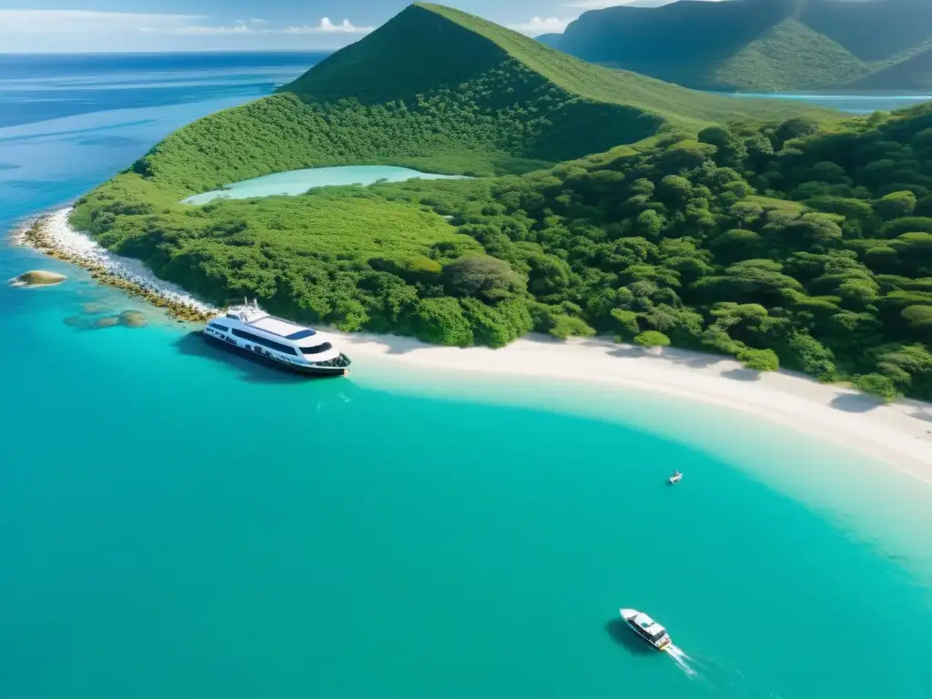 Travesía eco: Ferry eléctrico en isla paradisíaca Un ferry eléctrico lleva turistas hacia una isla remota, reflejando el turismo sostenible en islas remotas