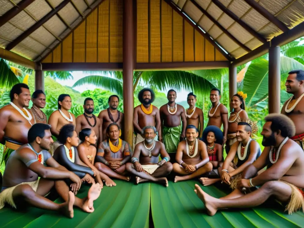 Reunión tradicional en Melanesia: diversidad vibrante y tradición ancestral Foto de un vibrante mosaico lingüístico Melanesia Pacífico con personas, atuendos y arte corporal tradicionales en una reunión de pueblo