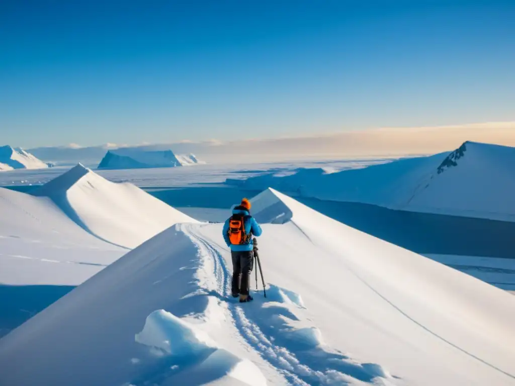 Explorando la belleza ártica: fotógrafo captura paisaje helado en Svalbard Un fotógrafo capturando la belleza del paisaje ártico en Svalbard, con el equipo necesario para expedición