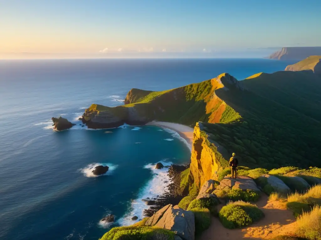 Explorador en el acantilado: capturando la belleza cruda de la isla Un fotógrafo solitario en el borde de un acantilado escarpado, captura la belleza de una isla inexplorada al atardecer