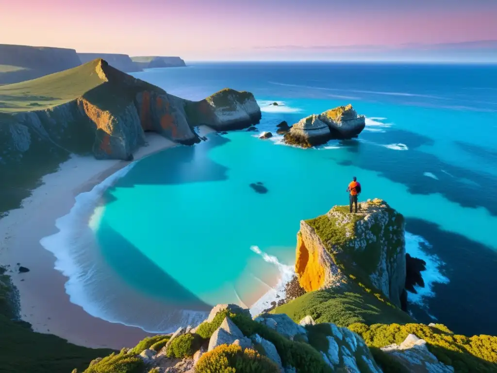 Explorador solitario en la costa de una isla virgen al atardecer Un fotógrafo solitario contempla la impresionante belleza de una isla remota al atardecer