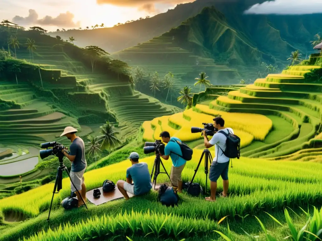 Fotógrafos en Bali: Preparativos en el Paraíso Fotógrafos preparando equipo en los campos de arroz de Bali al atardecer