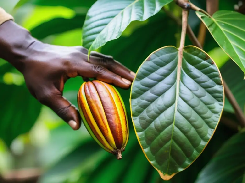 Un granjero en São Tomé cosecha un vibrante cacao