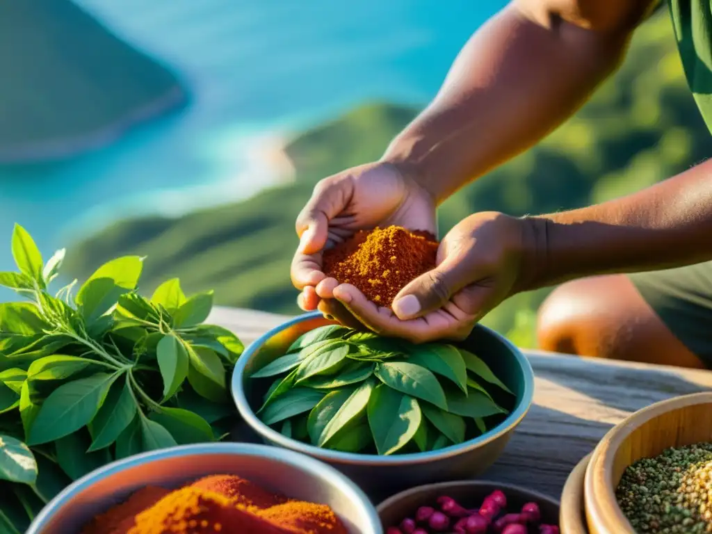 Granjero local seleccionando hierbas exóticas en isla remota Un granjero local recoge especias exóticas en una isla remota, rodeado de naturaleza exuberante