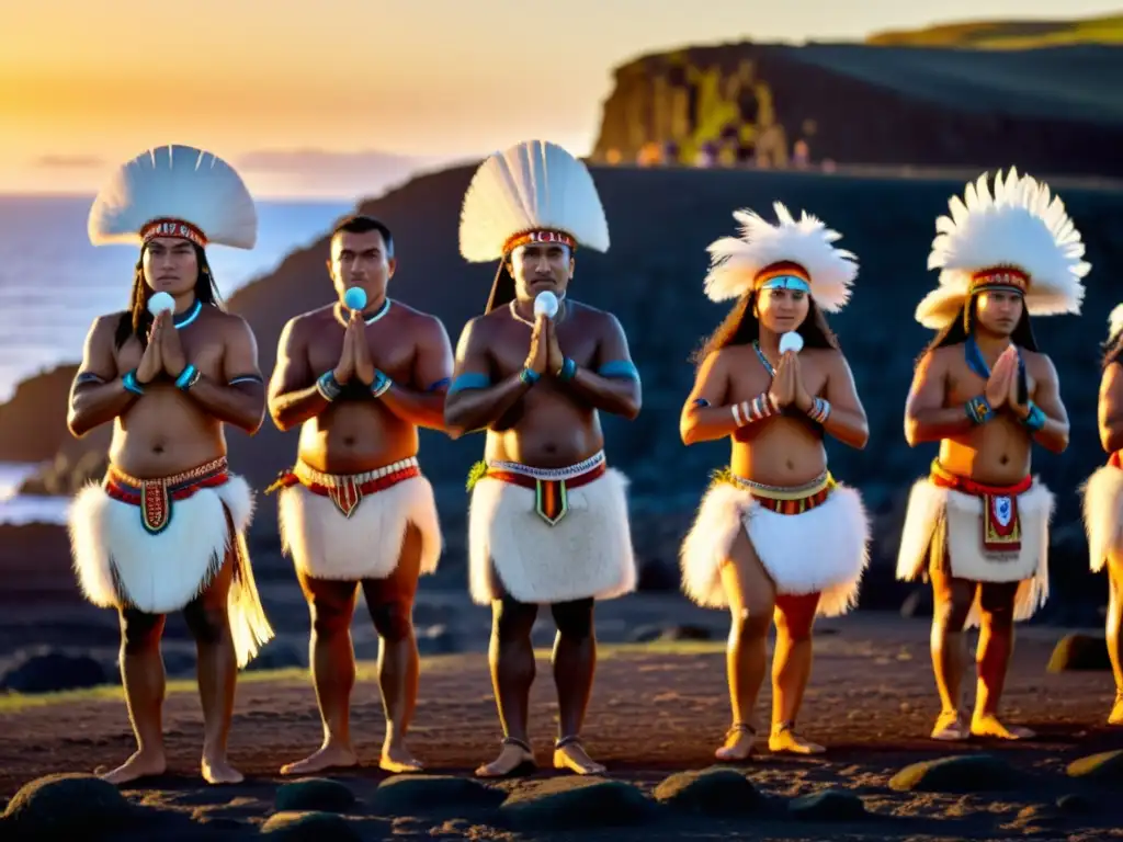 Ritual ancestral en Ahu Tongariki, Isla de Pascua Grupo danza ancestral en ceremonia Rituales ancestrales Isla Pascua ceremonias, Ahu Tongariki, atardecer dorado