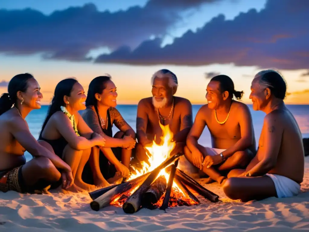 Ancestrales leyendas Micronesias alrededor de la hoguera Grupo de ancianos y ancianas micronesios compartiendo relatos ancestrales alrededor de la hoguera en la playa, bajo un cielo estrellado