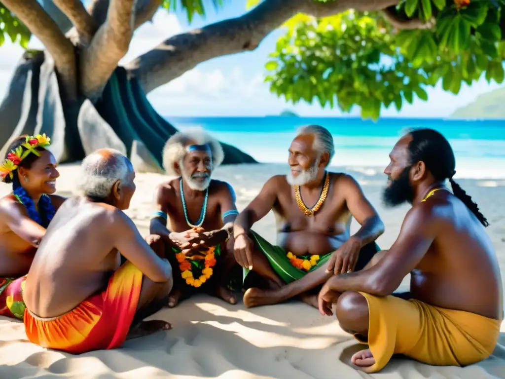 Conversación ancestral bajo un árbol en Melanesia Grupo de ancianos melanesios en discusión bajo un árbol frondoso, rodeados de naturaleza exuberante y coloridas flores tropicales