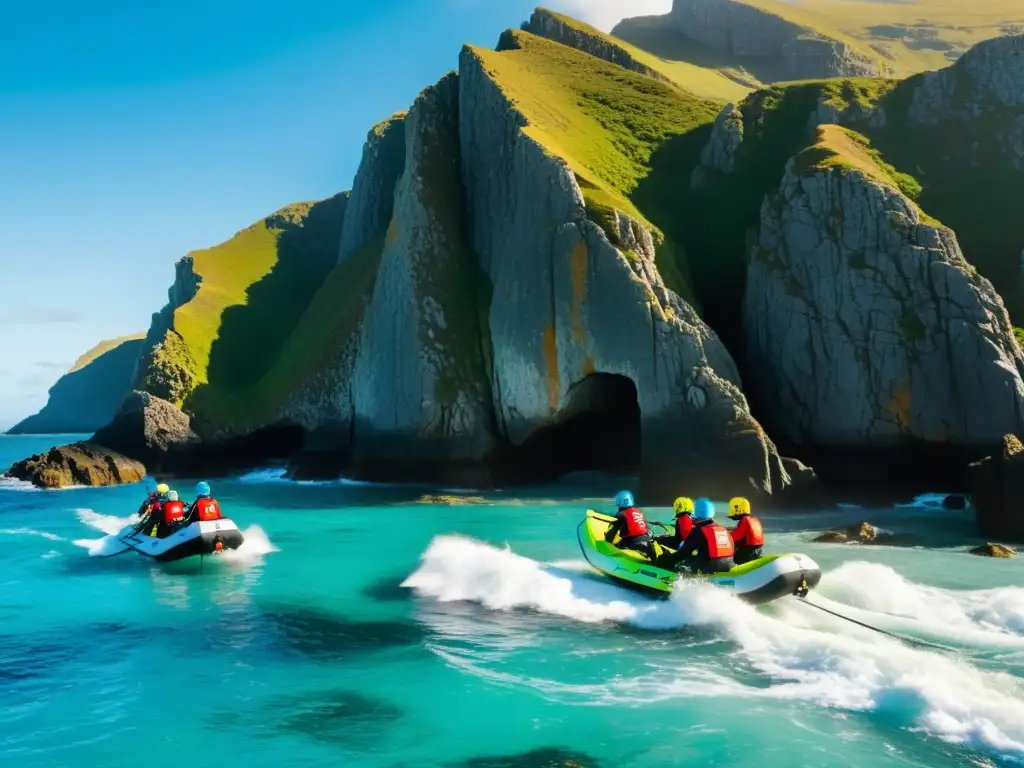 Emoción en la Costa: Coasteering en Islas Salvajes Un grupo de aventureros practicando coasteering en islas remotas, desafiando la naturaleza salvaje y las olas