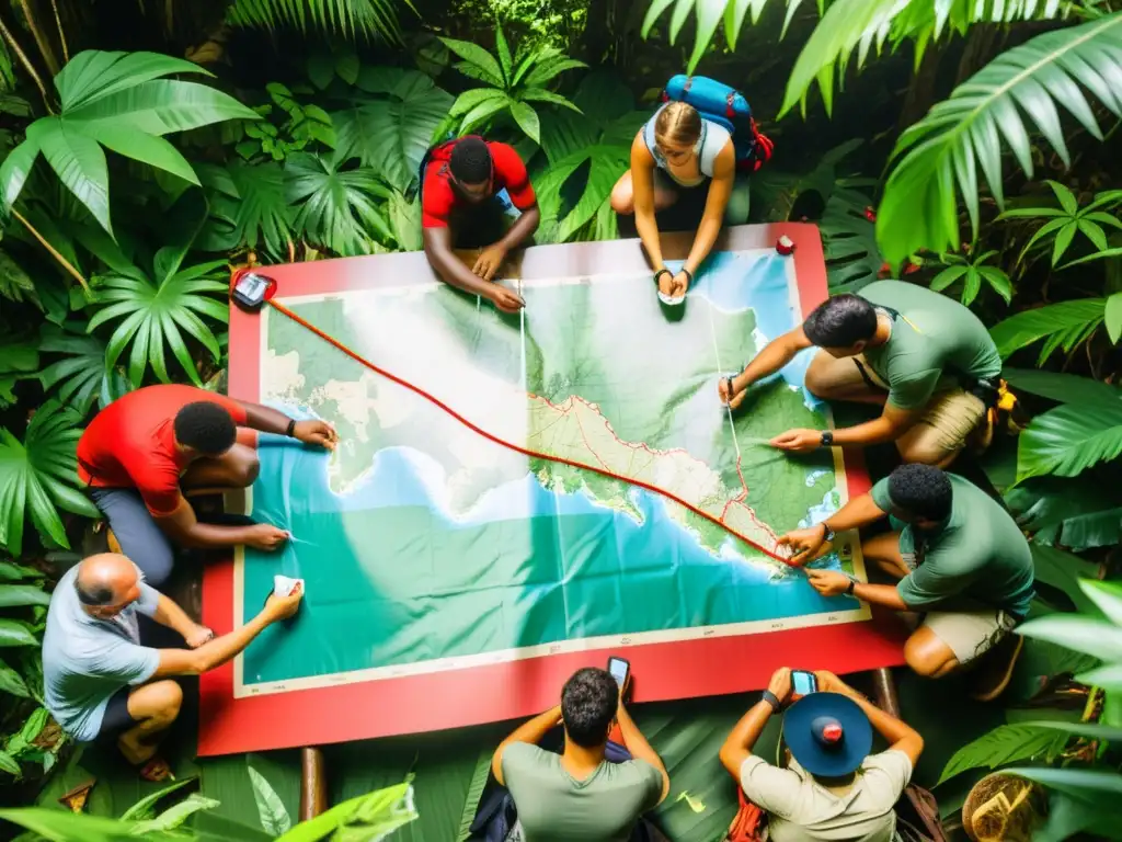 Preparativos emocionantes para la expedición a la isla remota Grupo de aventureros preparando lista de equipamiento de supervivencia en islas remotas, rodeados de naturaleza exuberante y emoción
