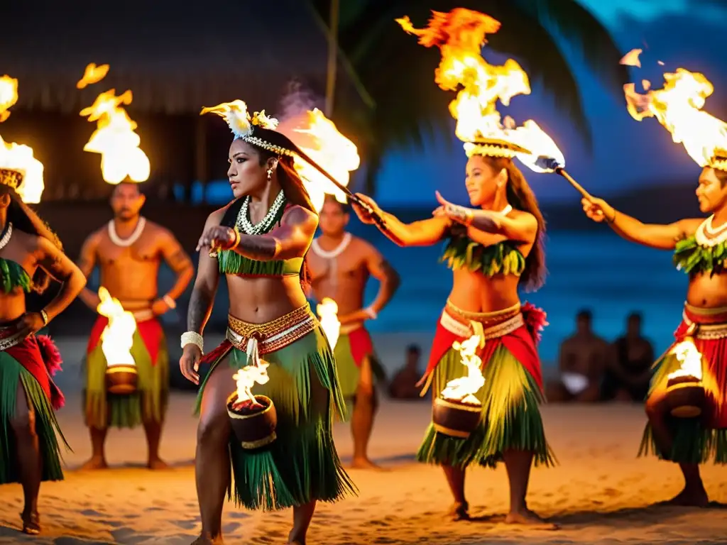 Espectáculo de Danza del Fuego Polinesia: Tradición y Pasión Grupo de bailarines polinesios realizando la danza del fuego en trajes tradicionales, rodeados de un público hipnotizado
