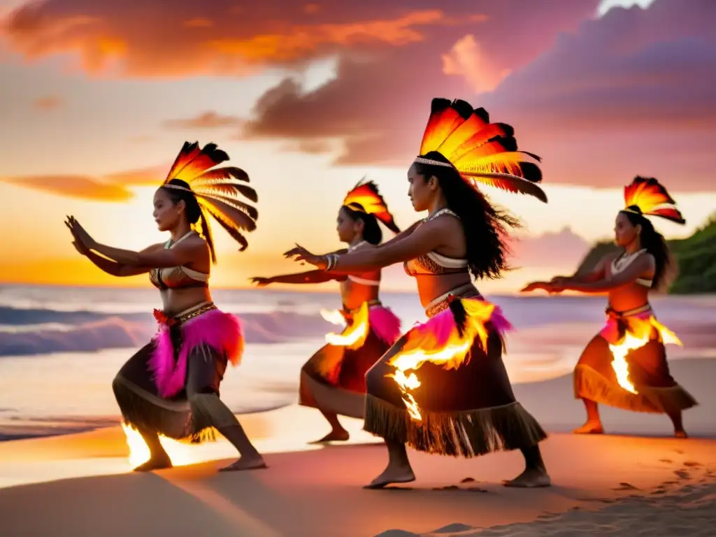 Baile de fuego Polinesio al atardecer Un grupo de bailarines polinesios realiza la tradicional danza de fuego al atardecer en la playa