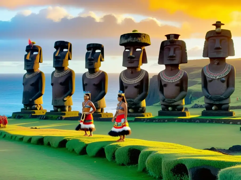 Danza ancestral de Rapa Nui con Moai al atardecer Grupo de bailarines de Rapa Nui con trajes tradicionales coloridos y plumas realizando danza ancestral frente a los Moai al atardecer en Isla Pascua