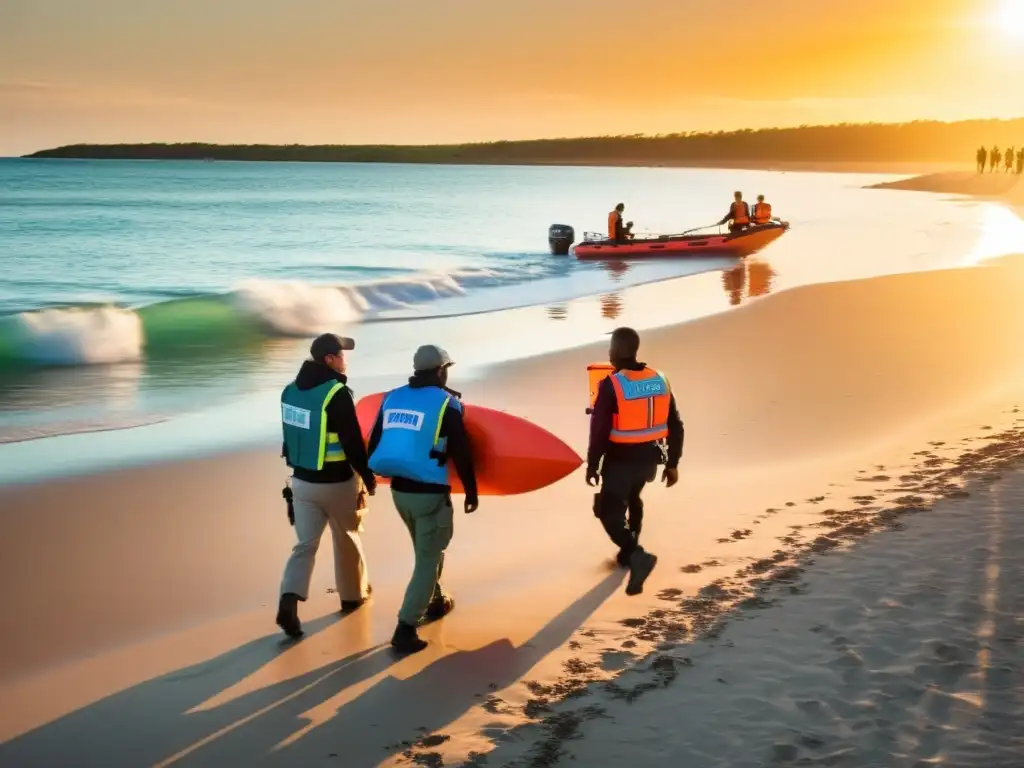 Equipo de rescate lleva suministros médicos hacia bote al atardecer Un grupo con chalecos salvavidas y kits de primeros auxilios camina hacia un bote en una playa al atardecer