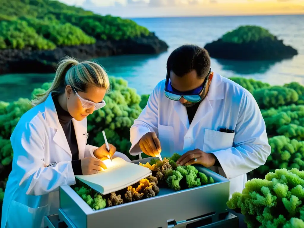 Grupo de científicos realiza investigaciones científicas en la Polinesia, documentando hallazgos al atardecer en laboratorio improvisado junto al mar