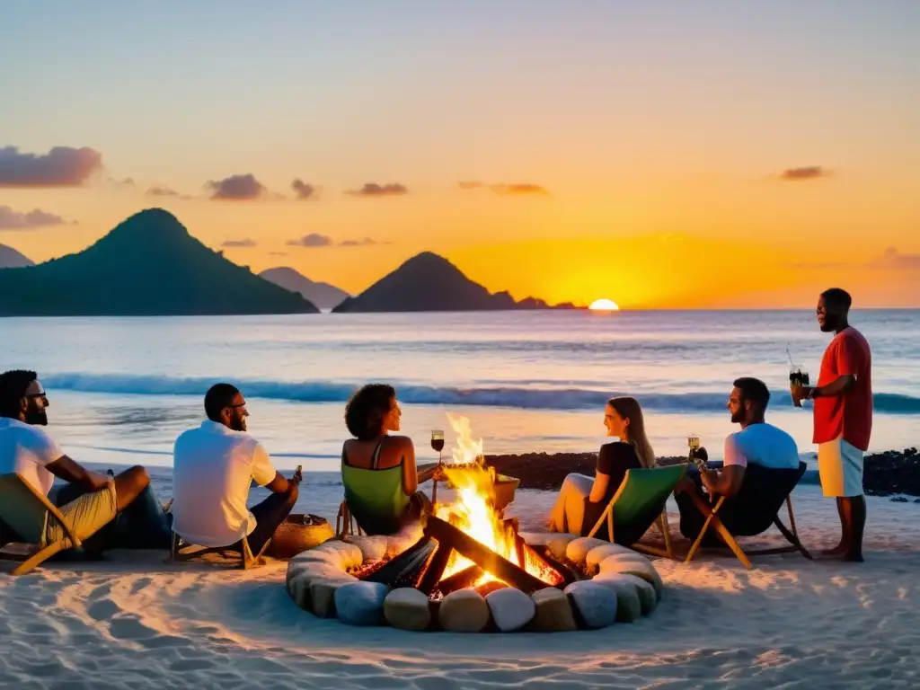 Atardecer de camaradería y cocina al aire libre en isla remota Grupo disfruta cocinas al aire libre en islas remotas, junto fogata al atardecer en playa, con mar y montañas de fondo