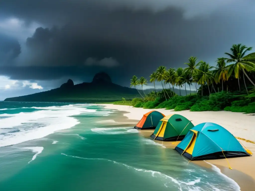 Grupo de coloridas y resistentes carpas en la costa de una remota isla, protegiéndose del viento y el agua