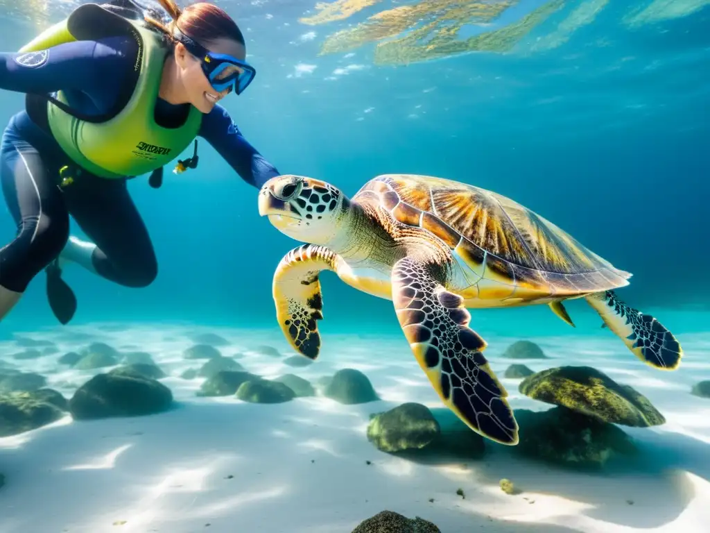 Rehabilitación de tortuga marina: liberación en aguas cristalinas Un grupo de conservacionistas liberan con cuidado una tortuga marina rehabilitada en aguas cristalinas alrededor de una isla remota, reflejando su determinación y protección vida silvestre islas remotas