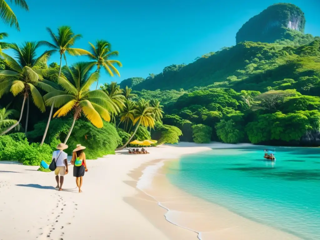 Safari de ensueño en una isla tropical Grupo diverso de safaristas explorando la exuberante jungla en una isla tropical, con montañas y playas blancas