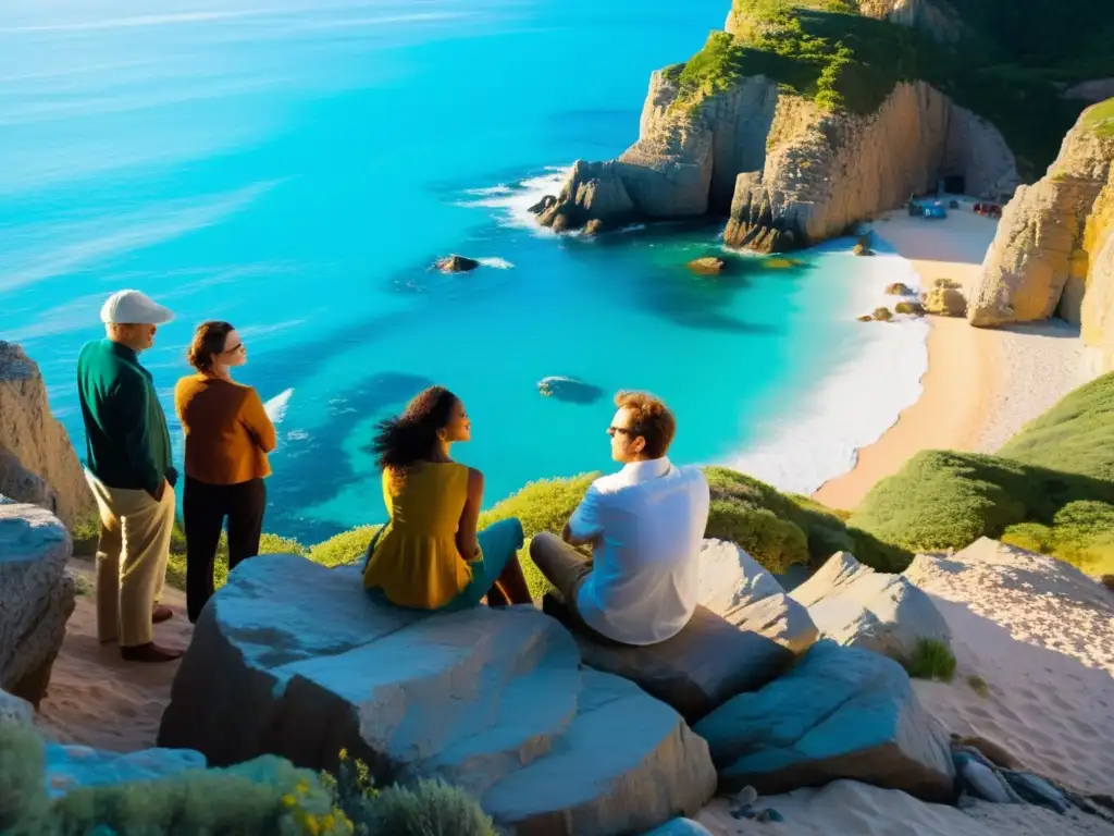Encuentro de dramaturgos en la costa: inspiración creativa en la isla Un grupo de dramaturgos contemporáneos conversa apasionadamente en la costa, rodeados de aguas turquesas y acantilados dramáticos al atardecer