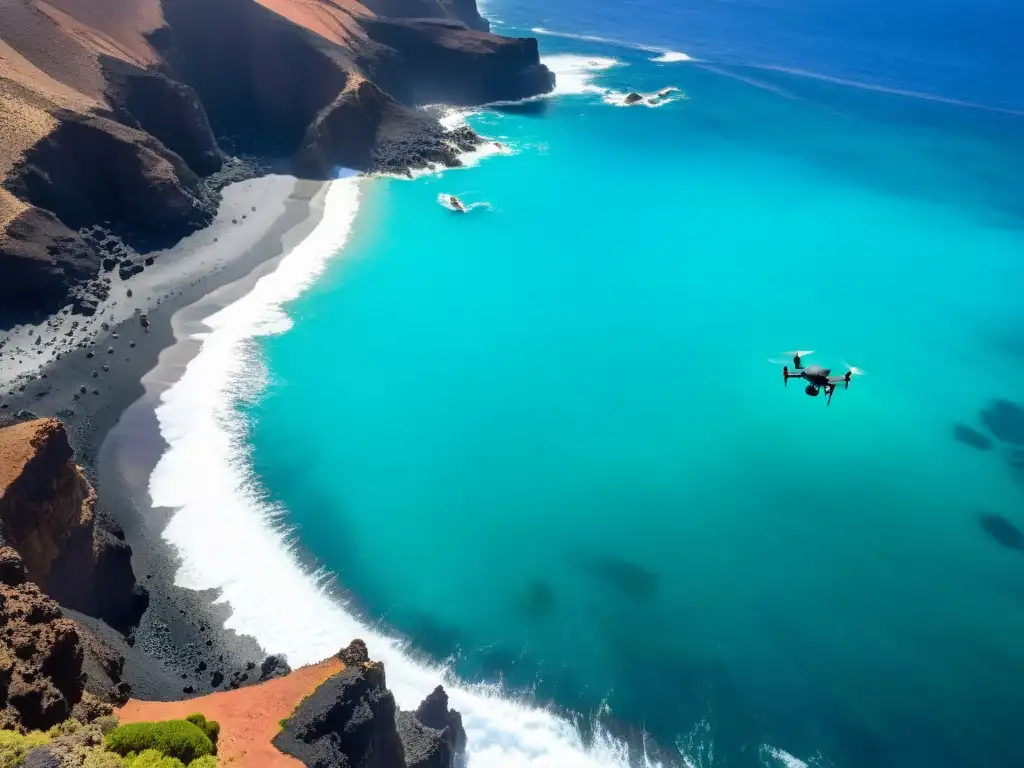 Espectacular paisaje volcánico de las Islas Canarias capturado por drones Grupo de drones capturando vistas aéreas en las remotas islas Canarias, respetando las normativas para volar drones en islas remotas