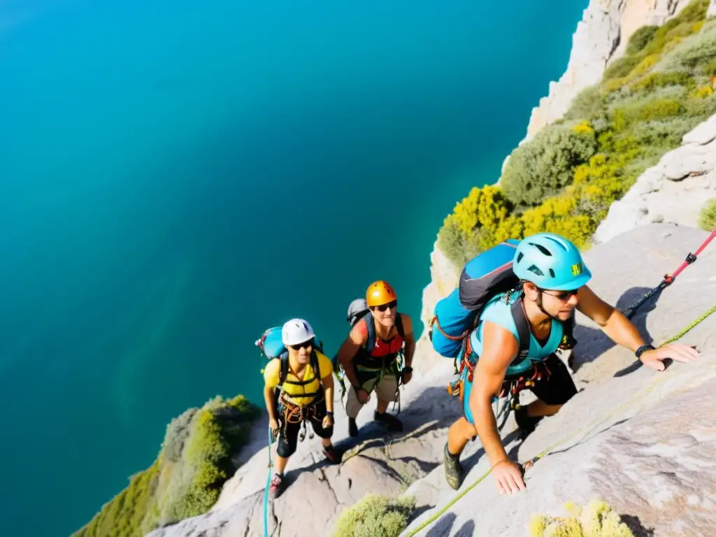 Emocionante escalada en acantilado con seguridad y vistas impresionantes Un grupo de escaladores con arneses y cascos coloridos, ascendiendo con cuidado un acantilado rocoso en un día soleado en una isla