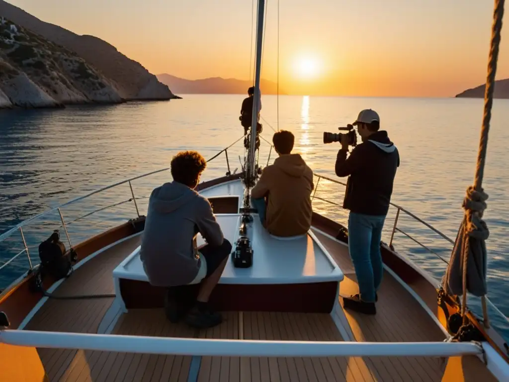 Estudiantes de fotografía capturan el atardecer en velero Un grupo de estudiantes de fotografía náutica en Islas Griegas captura el atardecer en un velero, uniendo pasión y camaradería