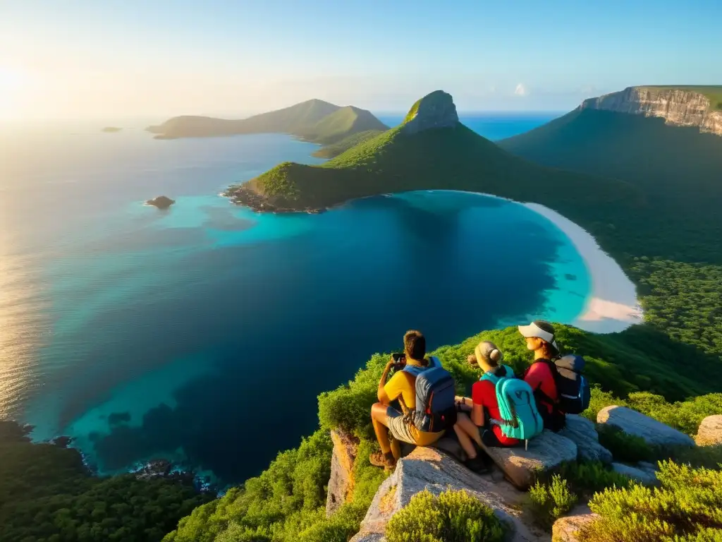 Exploradores en el atardecer: isla remota y primeros auxilios Un grupo de excursionistas en la cima de un acantilado, iluminados por la luz dorada del atardecer, observando la vasta extensión de una remota isla