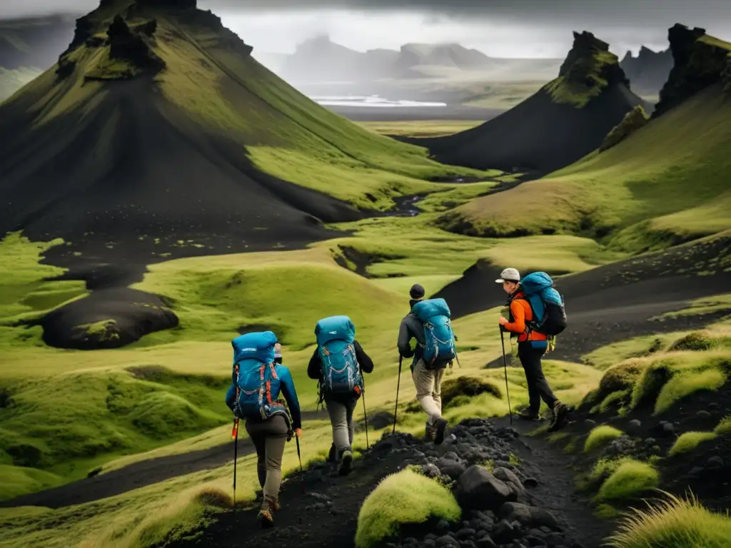 Explorando la naturaleza volcánica de Islandia Un grupo de excursionistas explorando los paisajes volcánicos de Islandia