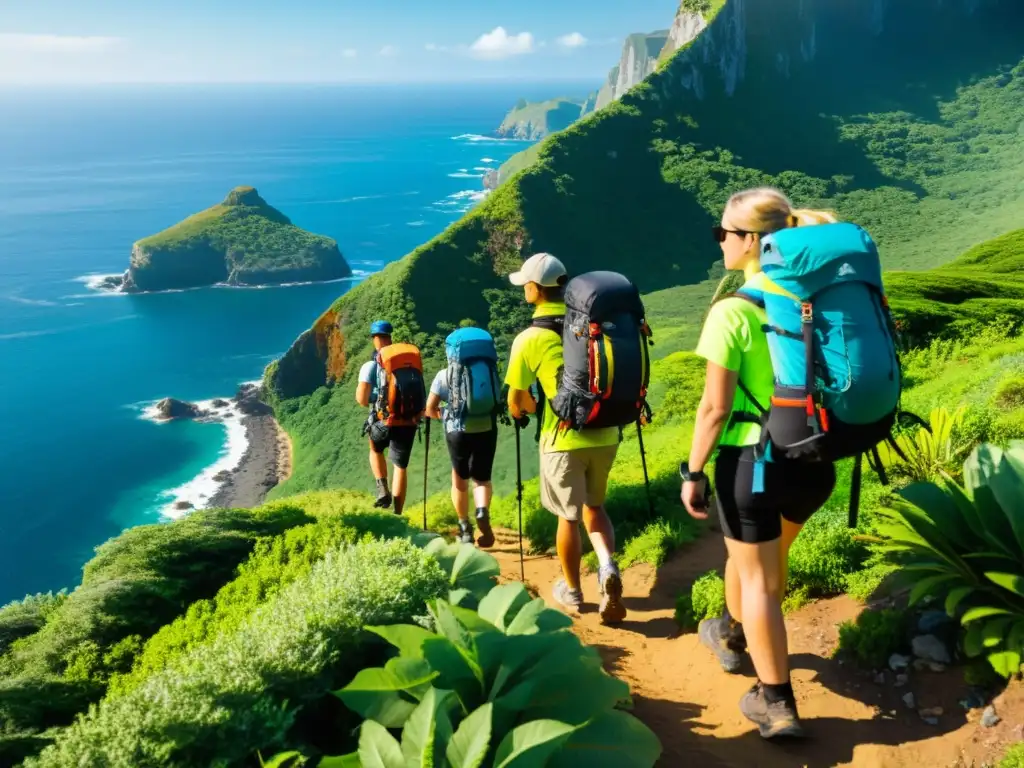 Exploradores disfrutan de la costa en una emocionante caminata Grupo de excursionistas con sistemas hidratación largas jornadas caminata en sendero costero, rodeados de impresionante naturaleza y vistas al mar