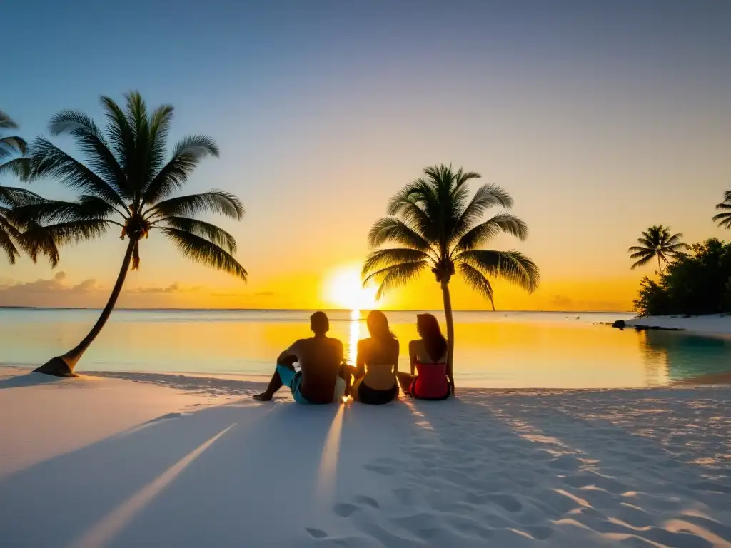 Conversaciones al atardecer: Expat en el paraíso polinesio Grupo de expatriados disfrutando el atardecer en una playa de Polinesia, compartiendo sus experiencias de expatriados en Polinesia