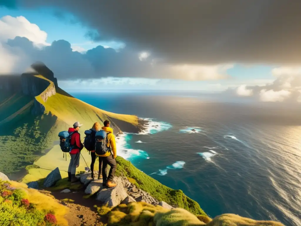 Exploradores listos para aventura en isla remota Grupo de exploradores en acantilado remoto con navegación moderna en islas, listos para aventura en isla desierta