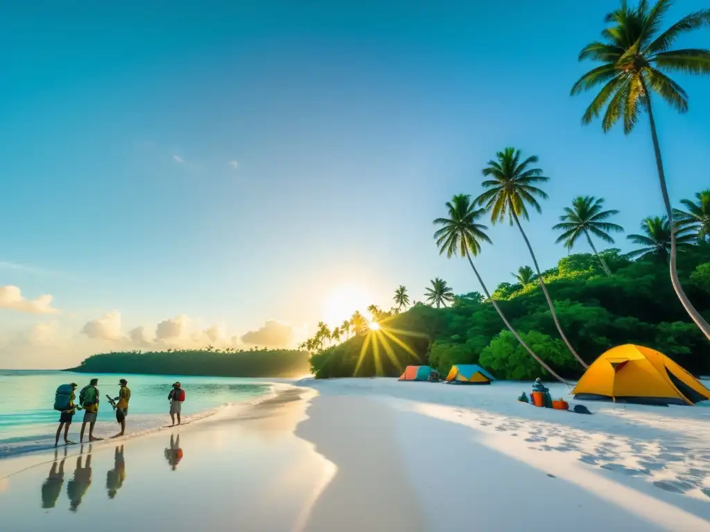 Exploradores en paraíso tropical: campamento al atardecer Un grupo de exploradores monta campamento en una remota y hermosa isla tropical al atardecer