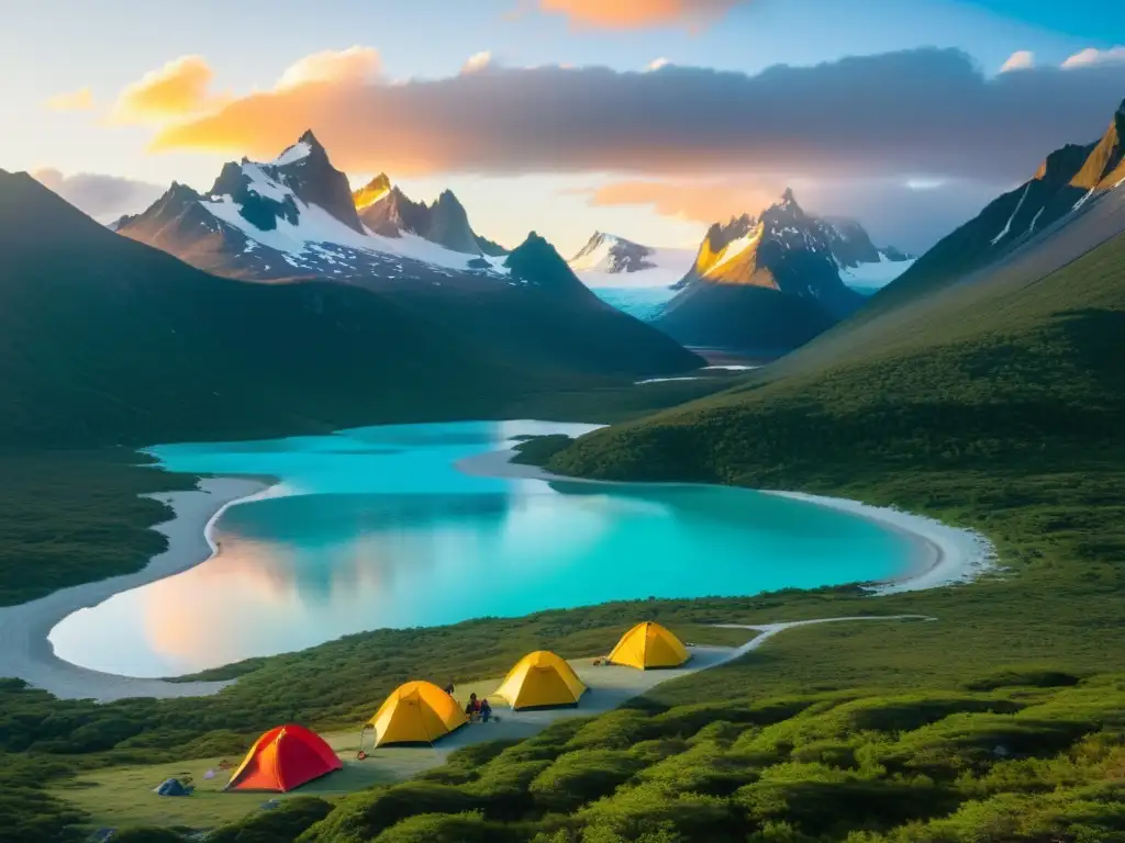 Exploradores en Tierra del Fuego: Campamento en la naturaleza salvaje Grupo de exploradores montando campamento en Tierra del Fuego, rodeados de naturaleza salvaje