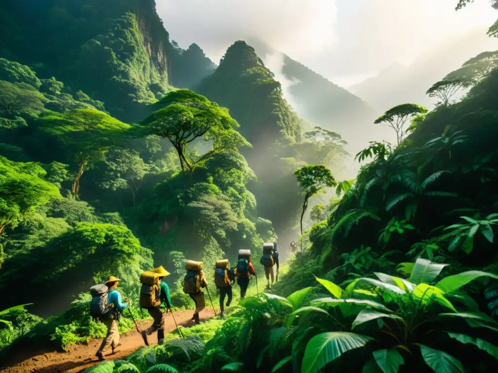 Expedición en la selva: Luz dorada y misterio Un grupo de exploradores atraviesa la densa selva, iluminados por la luz dorada