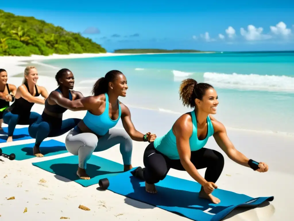 Entrenamiento intenso en la playa: preparación para la aventura Un grupo de exploradores diversos se entrena físicamente en una playa, preparándose para viajes a islas remotas