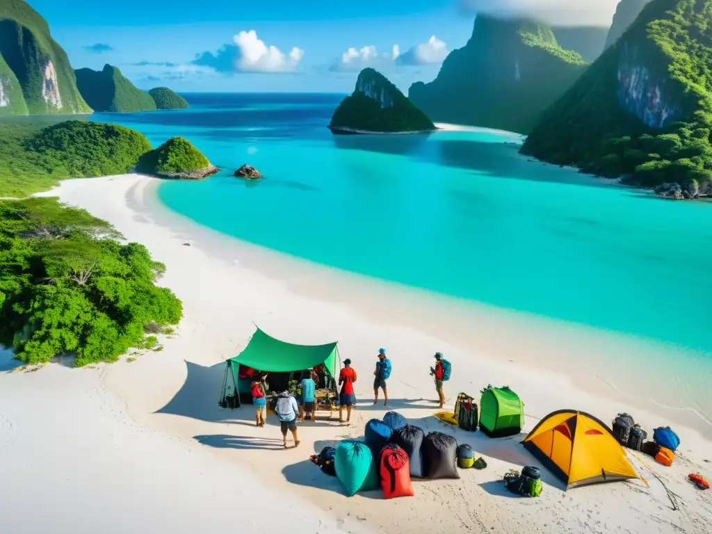 Expedición a la Isla Remota: Preparativos en la Playa Grupo de exploradores desembarcando equipamiento para explorar islas remotas en remota playa de isla tropical al atardecer